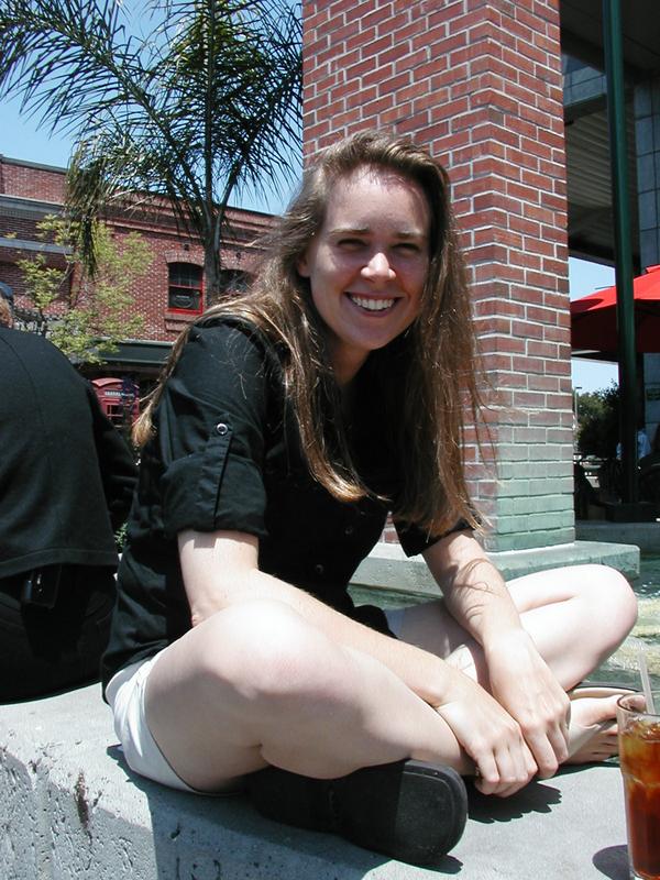 Holly at the fountain at Cafe Barrone in Menlo Park