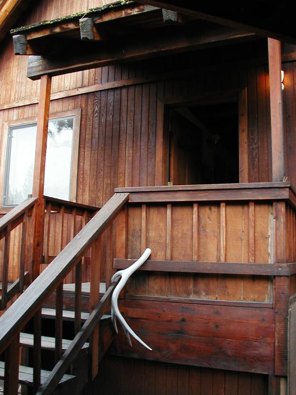 The staircase in front of the front door, including scary hanging antlers