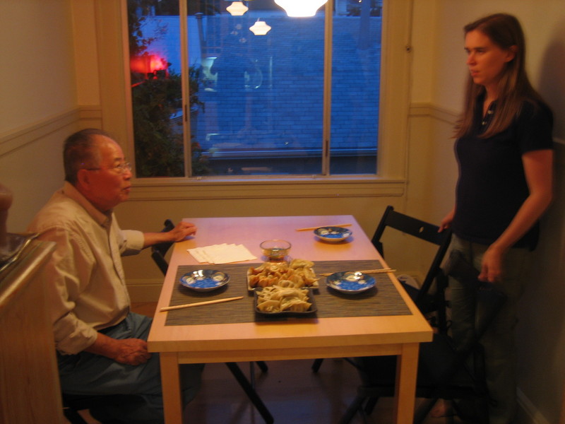 Dad and Holly checking out the finished potstickers.